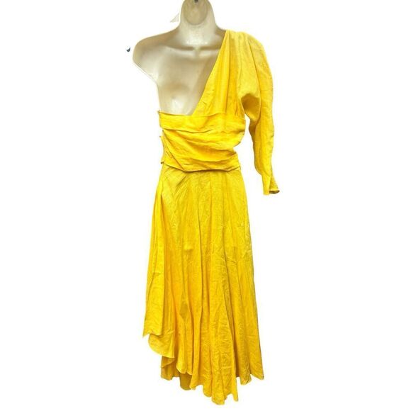 RACHEL COMEY Tipple One Shoulder Pleated Linen Asymmetrical Dress in Yellow Size - Picture 7 of 8